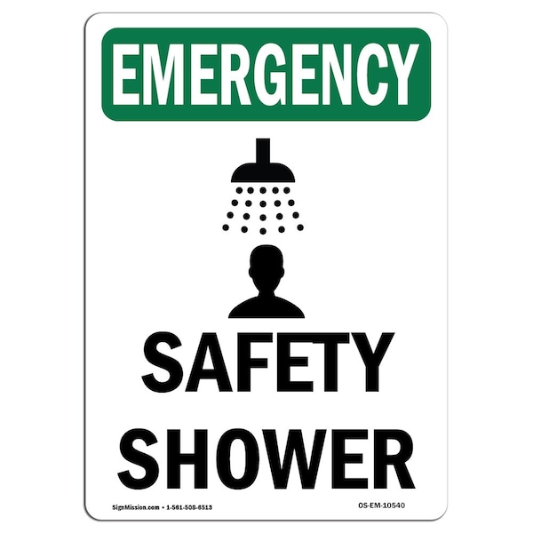 Safety Sign, OSHA EMERGENCY, 5" Height, Safety Shower, Portrait, 10PK